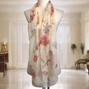 The British Museum Silk Chiffon Floral Scarf Hand Rolled Edges Italy 13 x 62 New